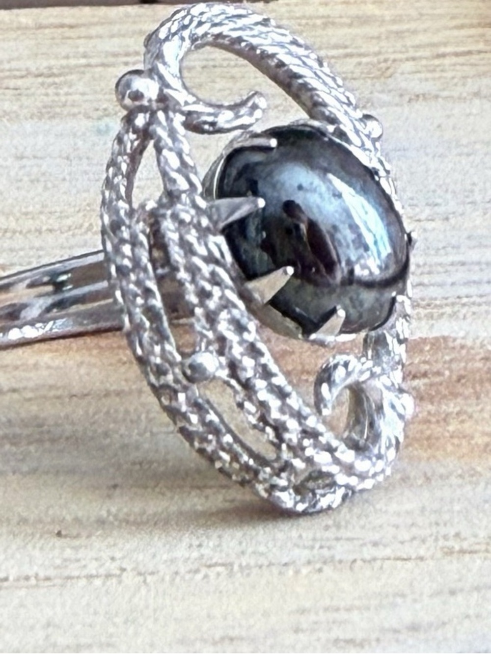 Vintage 1971 Sarah Coventry Ebb Tide Hematite Cabochon Ring Adjustable Signed - Picture 10 of 11